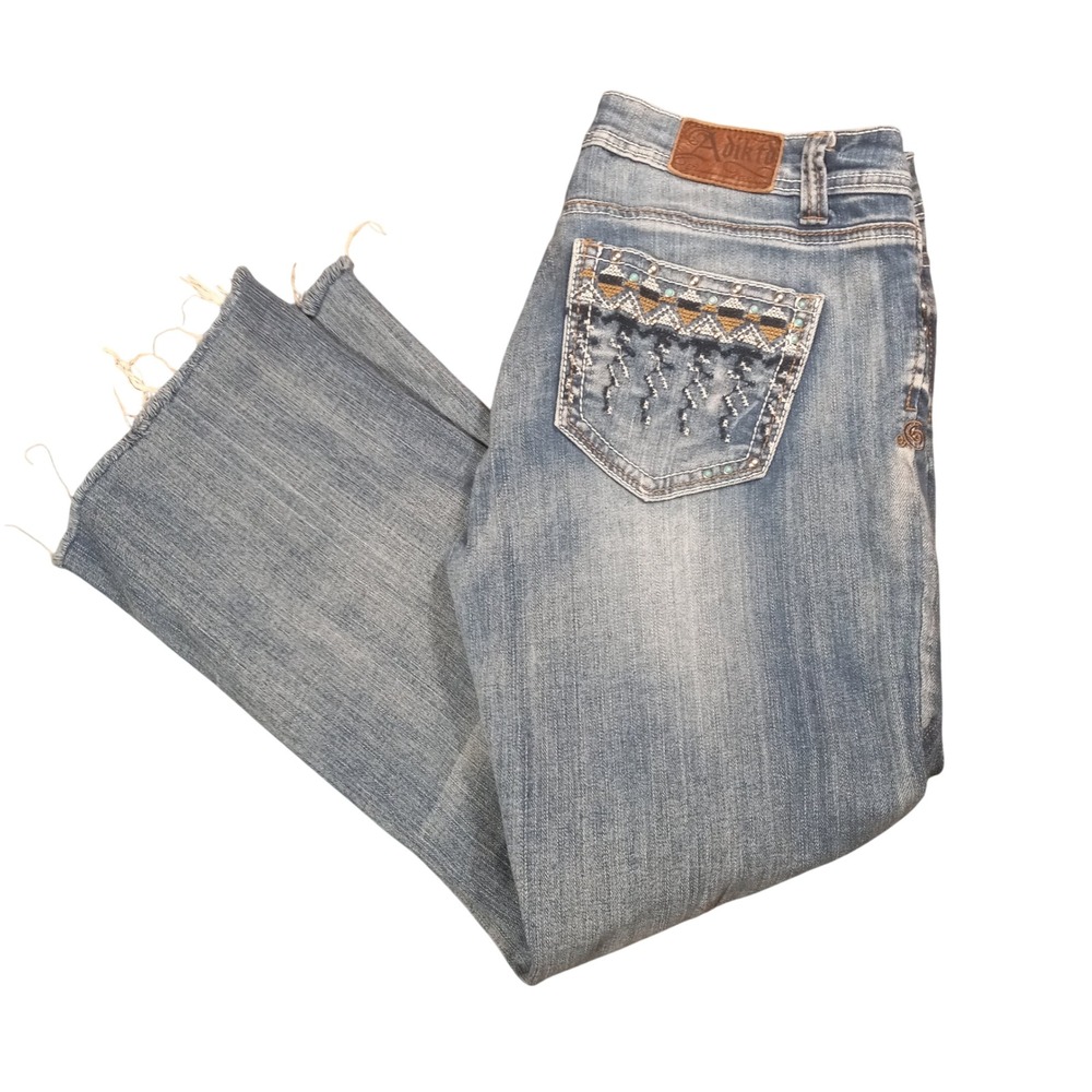 Adiktd Womens Studded Embroidered Straight Leg Jeans Blue Medium Wash 12 W32 L34